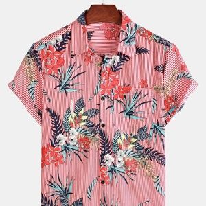 Men's Casual Floral Pocket Cotton Striped Pink Shirt